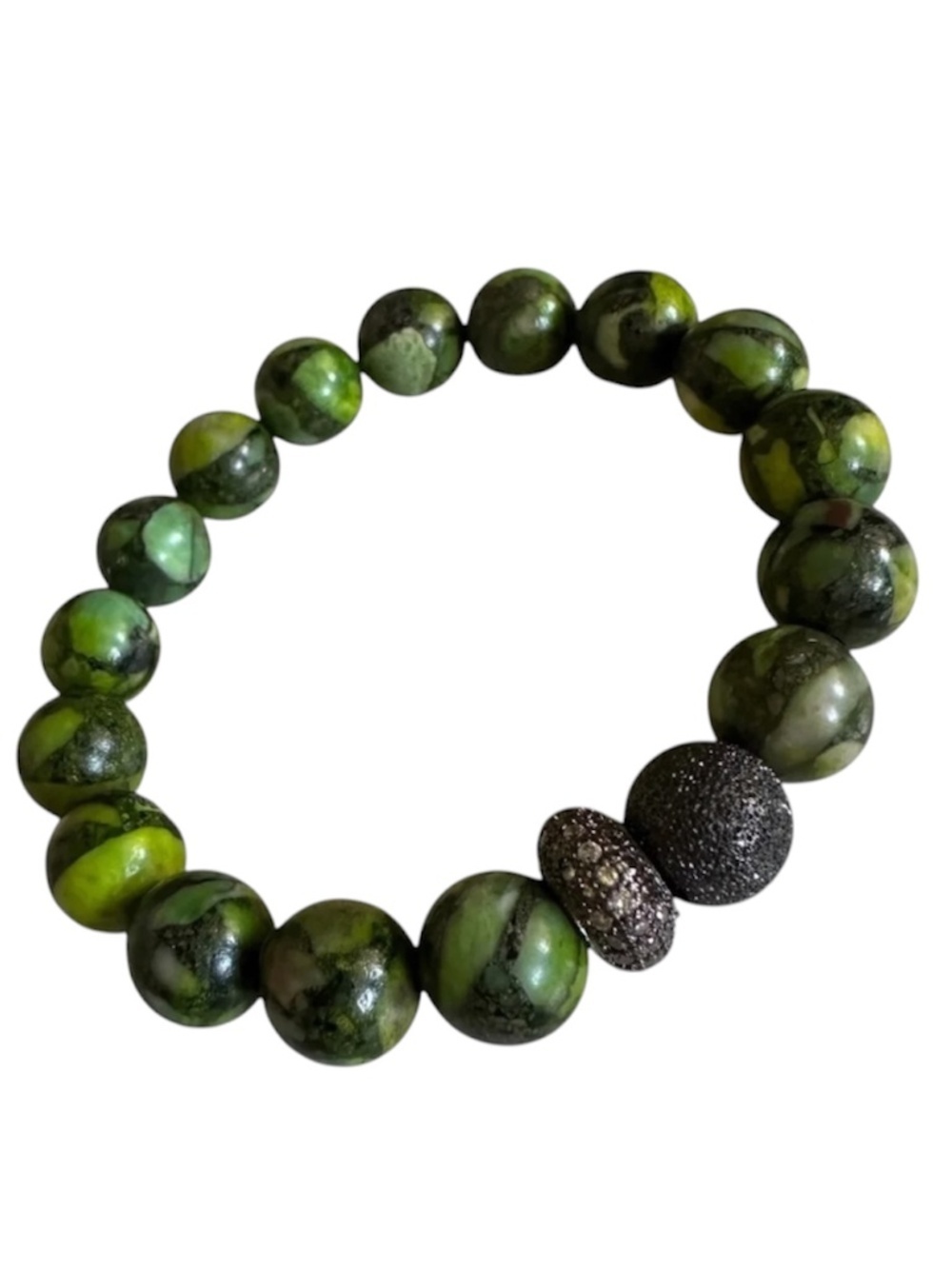CLASSIC 10mm Serpentine Jade Stretch Bracelet Green Multi Black Gunmetal 6–7”